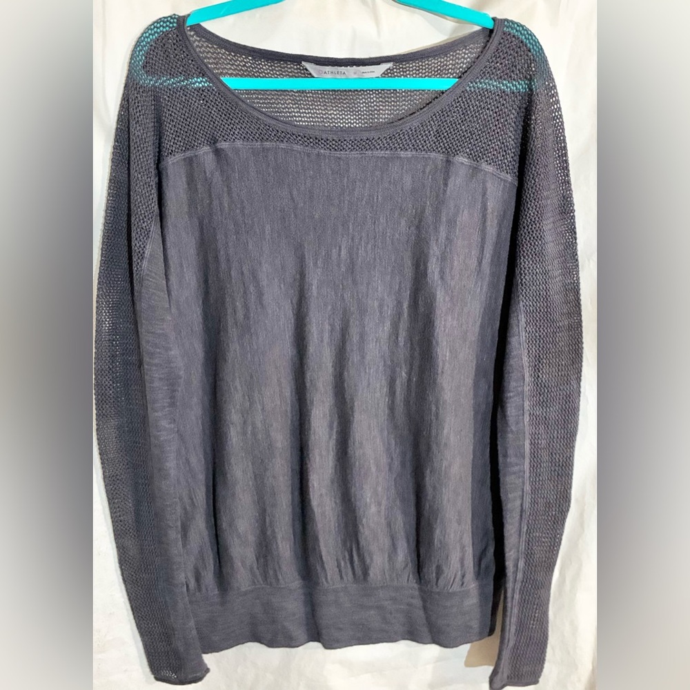 Athleta Linen Lightweight Sweater Sz M Crochet Sheer Lace Outer Arm long sleeve
